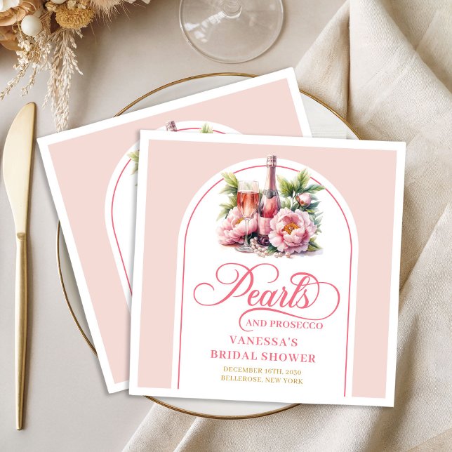 Servilleta De Papel De Cena Servilletas de Desayuno Nupcial con Perlas Elegant (Chic Pearls and Prosecco Bridal Shower Napkins)