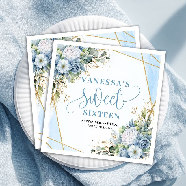 Servilleta De Papel De Cena Servilletas de dieciséis dulces y chic con flores  (Chic sweet sixteen napkins watercolor blue blooms

)