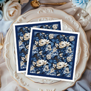 Servilleta De Papel De Cena Servilletas de mesa florales marfil azul naval her