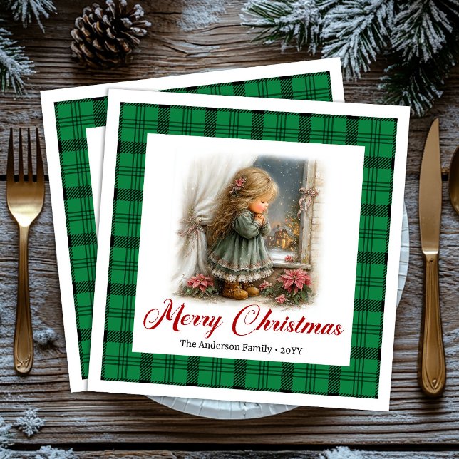 Servilleta De Papel De Cena Servilletas de Navidad con Escena Rústica Acogedor (Cozy Rustic Christmas Scene Custom Name Napkins)