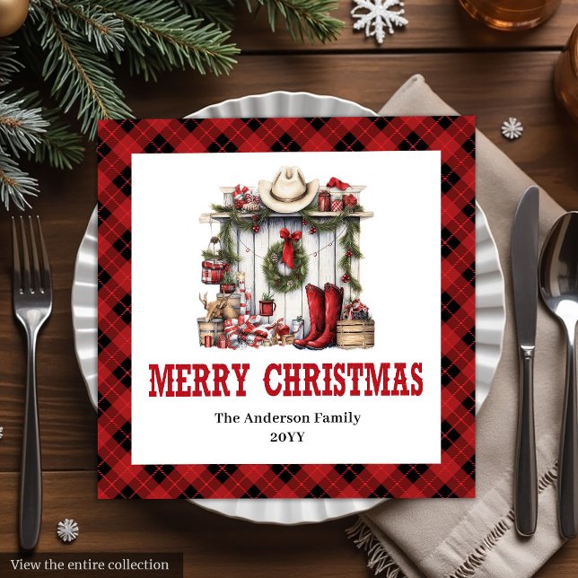 Servilleta De Papel De Cena Servilletas de Navidad occidentales con patrón de  (Western Christmas napkins farmhouse tartan pattern

)
