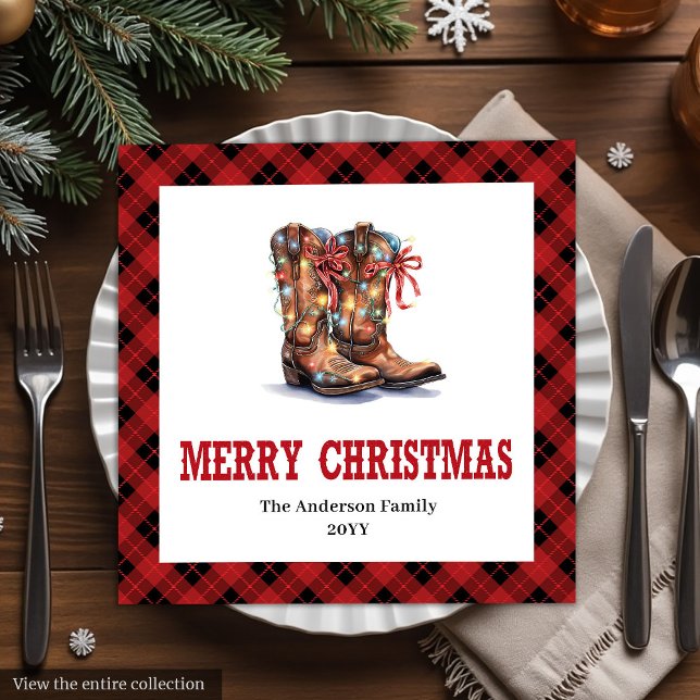Servilleta De Papel De Cena Servilletas de Navidad occidentales de cuadros de  (Western Christmas paper napkins,
Classic red and green tableware,
Editable Printable digital downloa)