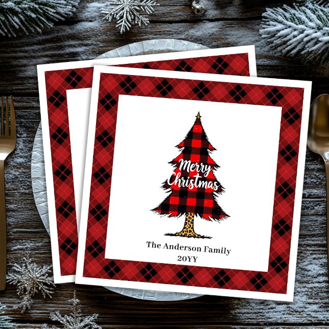 Servilleta De Papel De Cena Servilletas de Navidad personalizadas con cuadros  (Modern Red Black Plaid Christmas Napkin Custom)