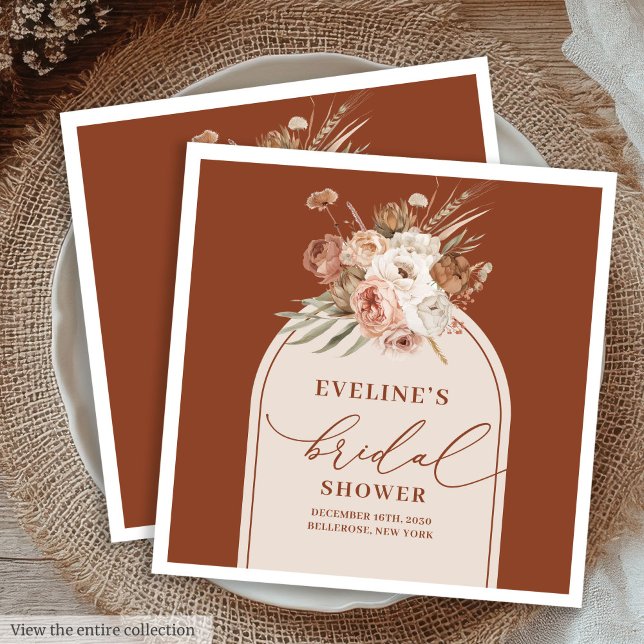 Servilleta De Papel De Cena Servilletas de Terracota Boho Floral para Despedid (Watercolor Terracotta Pampas Napkins for Bridal Shower)