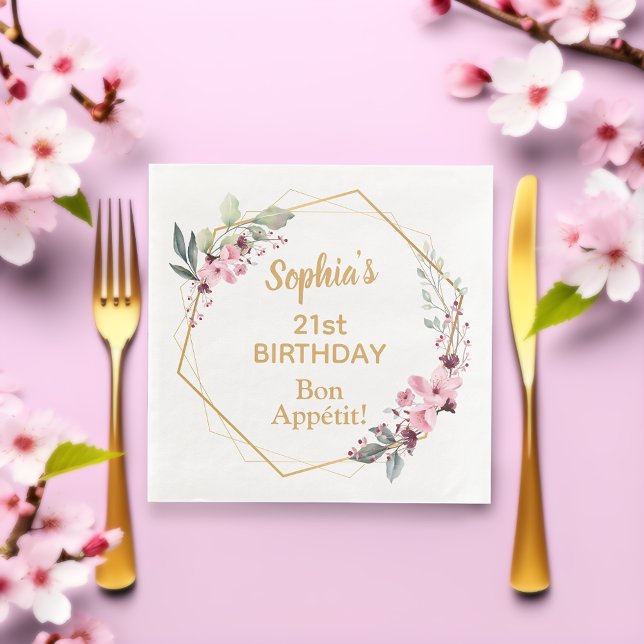 Servilleta De Papel De Cena Servilletas para la fiesta de cumpleaños número 21 (Elegant cherry blossom and gold birthday party paper napkins.)