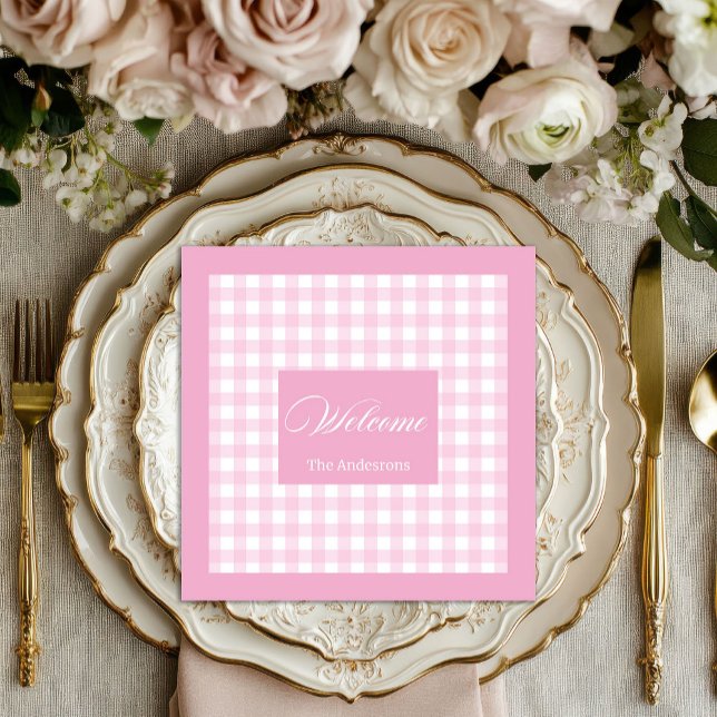 Servilleta De Papel De Cena Servilletas Personalizadas de Cuadro Rosa Chic Ace (Personalized Pink Plaid Napkins Chic Table Accent)
