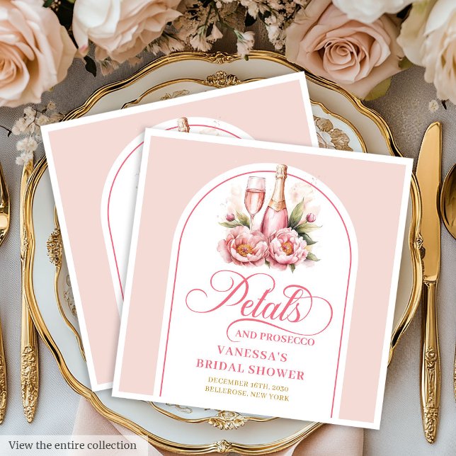 Servilleta De Papel De Cena Servilletas personalizadas Pétalos de Rubor Elegan (Elegant Blush Petals and Prosecco Custom Napkins)