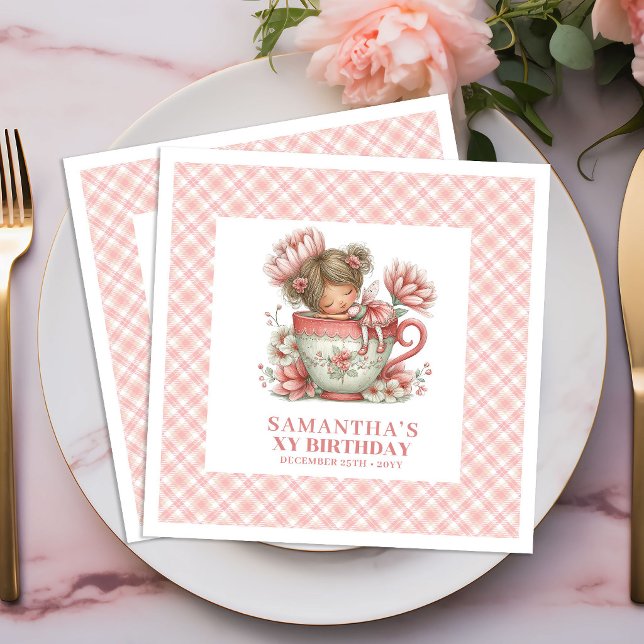 Servilleta De Papel De Cena Servilletas rosadas florales para cumpleaños de ni (Fairy Girl 1st Birthday Blush Floral Pink napkins)