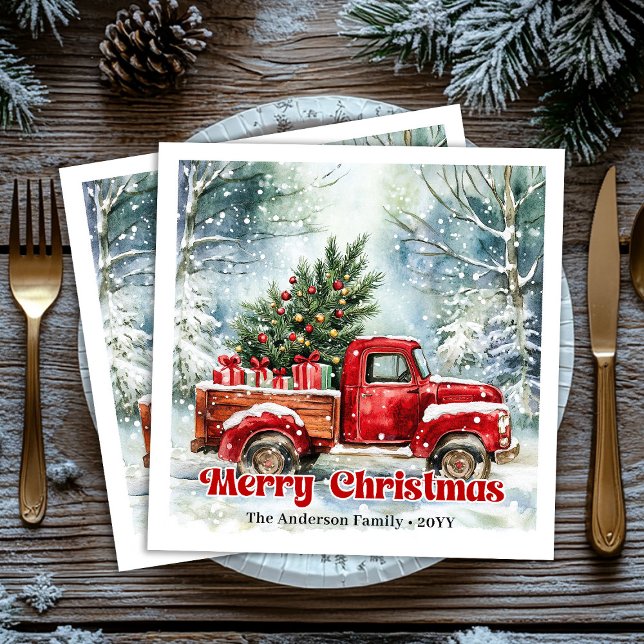 Servilleta De Papel De Cena Servilletas rústicas de escena navideña con camión (Modern red truck Christmas scene rustic napkins set)