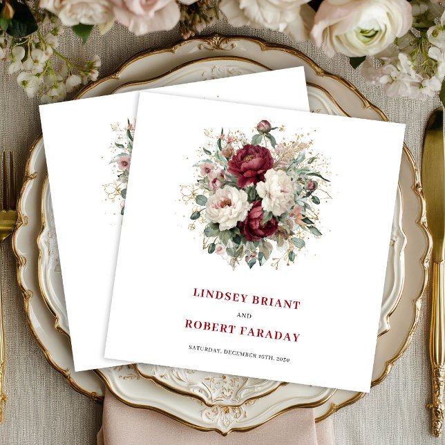 Servilleta De Papel De Cena Servilletas Sofisticadas Boho Burgundy Verde Dorad (Sophisticated Boho Burgundy Greenery Gold Napkins)