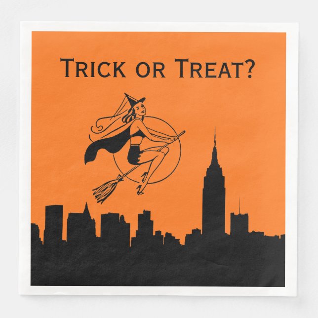 Servilleta De Papel De Cena Silhouette Halloween Cheeky Witch Skyline de NYC (Anverso)