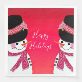 Servilleta De Papel De Cena Snowman Rojo Y Rosa