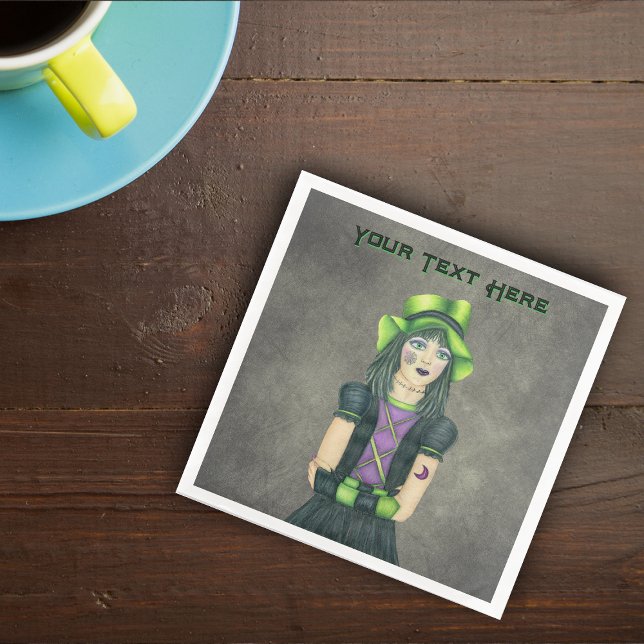Servilleta De Papel De Cena Spooky Gothic Girl Spiderweb Tattoo Black Dress (Spooky goth girl green hat face arm tattoos on dark grey paper party napkins.)