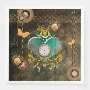 Servilleta De Papel De Cena Steampunk, corazón maravilloso con los relojes