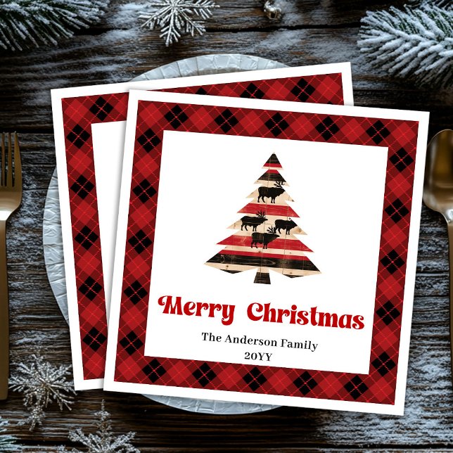 Servilleta De Papel De Cena Stylish Red Black Plaid Christmas Napkin Custom (Stylish Red Black Plaid Christmas Napkin Custom)