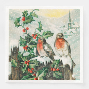 Servilleta De Papel De Cena Tarjeta de Navidad antigua con petirrojos, acebo,