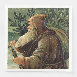 Servilleta De Papel De Cena =Tarjeta de Navidad Vintage, Santa Claus y Árbol