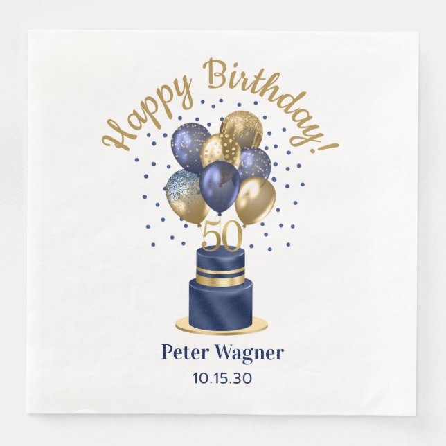 Servilleta De Papel De Cena Tarta de globos azules de cumpleaños número 50 (Anverso)