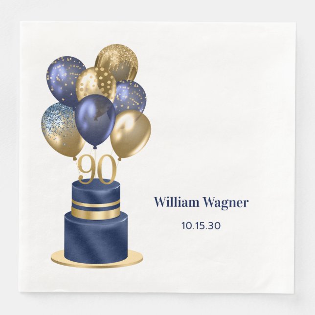 Servilleta De Papel De Cena Tarta de globos azules de cumpleaños número 90 (Anverso)