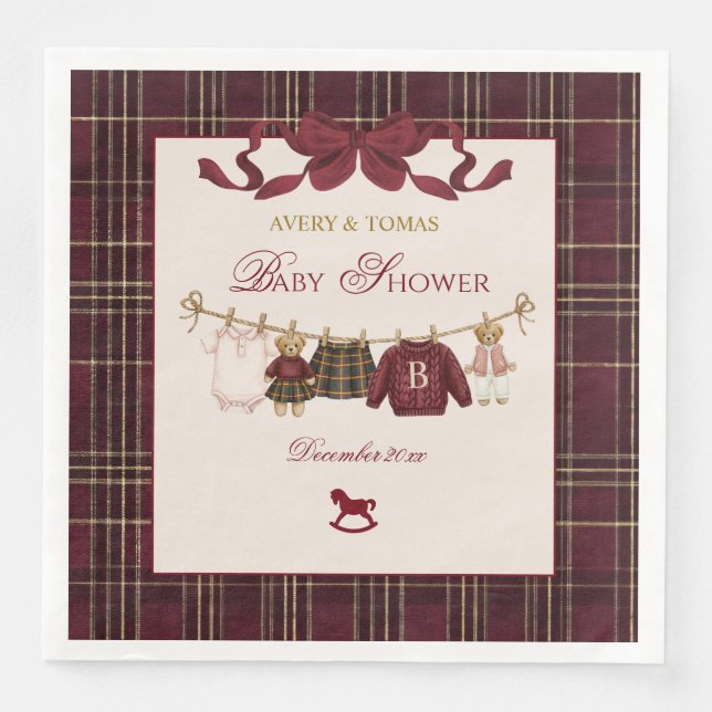 Servilleta De Papel De Cena Teddy Bear Baby Shower Girl Plaid Burgundy Bow  (Anverso)
