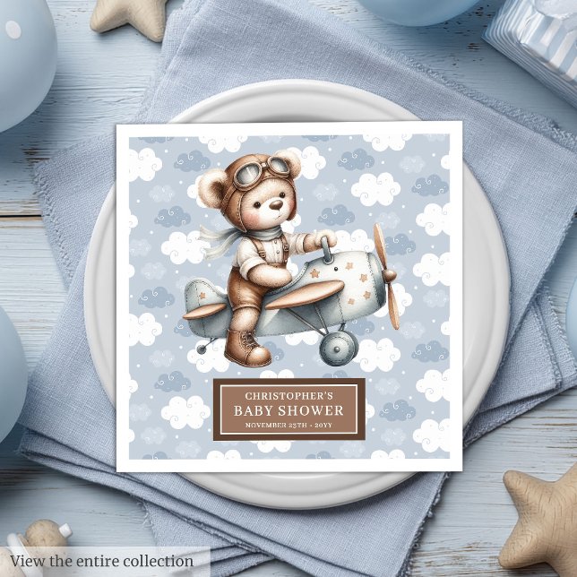 Servilleta De Papel De Cena Teddy Bear Pilot Napkins Baby Shower personalizado (Teddy Bear Pilot Napkins Personalized Baby Shower Event)
