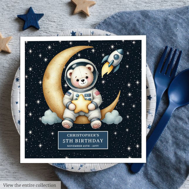 Servilleta De Papel De Cena Toallas de oso espacial personalizadas para Fiesta (Personalized Space Bear Napkins for Boy Party)