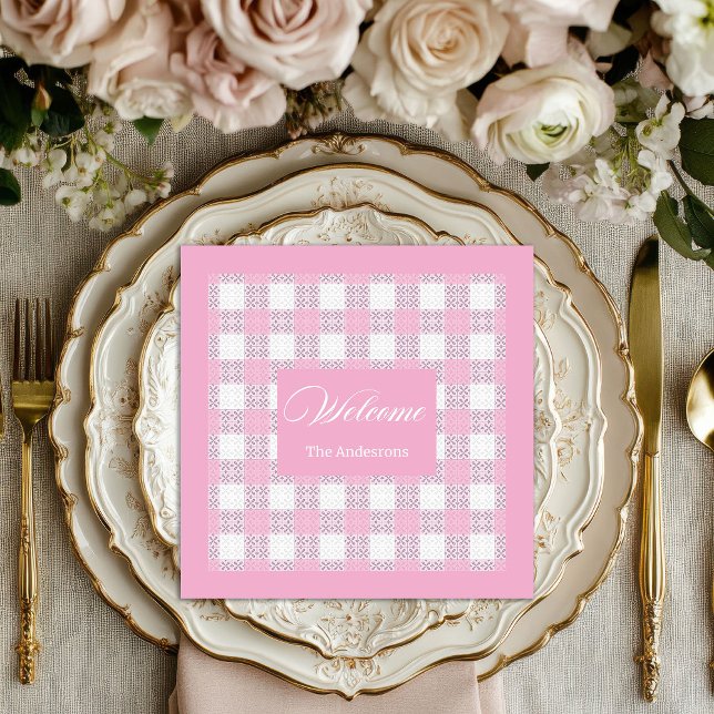 Servilleta De Papel De Cena Toallas higiénicas rosadas modernas personalizadas (Modern Pink Napkins Personalized Plaid Accent)