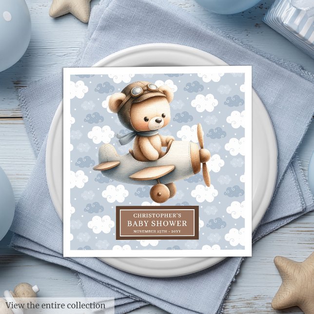 Servilleta De Papel De Cena Toallas piloto de osito de peluche azul marrón par (Blue Brown Teddy Bear Pilot Napkins for Baby Boys)