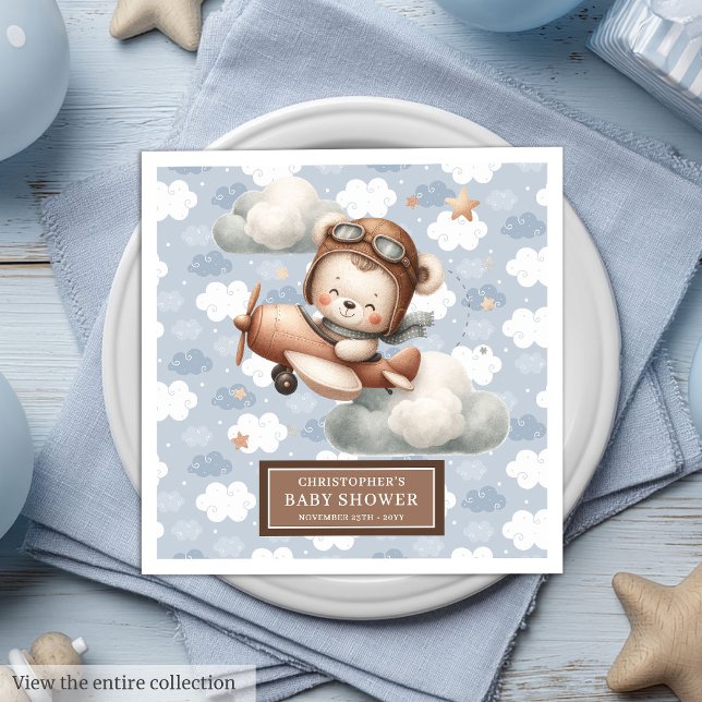 Servilleta De Papel De Cena Toallas piloto de osito de peluche personalizadas  (Personalized Teddy Bear Pilot Napkins for Baby Boy Party)