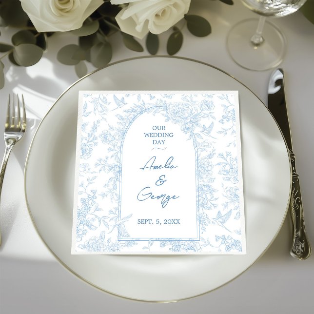 Servilleta De Papel De Cena Toile francés azul y blanco boda (French Toile Inspired Wedding Paper Napkin)