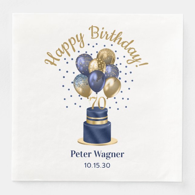 Servilleta De Papel De Cena Torta de globos azules para el 70 cumpleaños (Anverso)