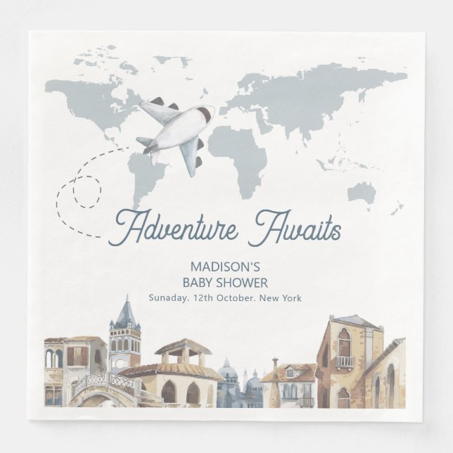 Servilleta De Papel De Cena Travel Adventure World Map Airplane Baby Shower  (Anverso)