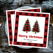 Trendy Red Black Plaid Napkin Personalized