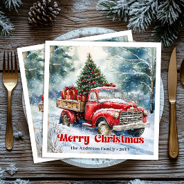 Servilleta De Papel De Cena Trendy red truck Christmas scene rustic table 