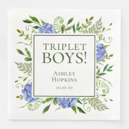 Servilleta De Papel De Cena Triplet Boys Blue Hydrangeas Baby Shower