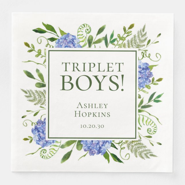 Servilleta De Papel De Cena Triplet Boys Blue Hydrangeas Baby Shower (Anverso)
