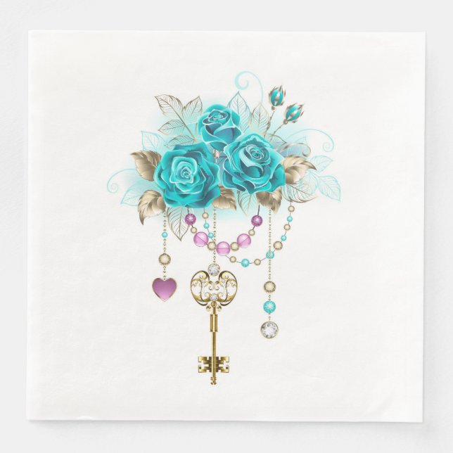Servilleta De Papel De Cena Turquoise Roses with Keys (Anverso)