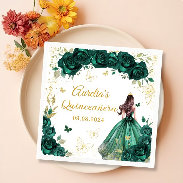 Servilleta De Papel De Cena Vestido floral verde esmeralda princesa Quinceañer (Subido por el creador)