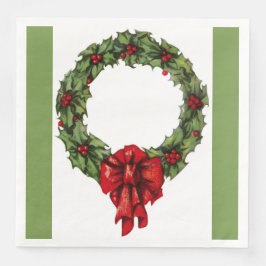 Servilleta De Papel De Cena Vintage Christmas Holly Wreath y Berries Green