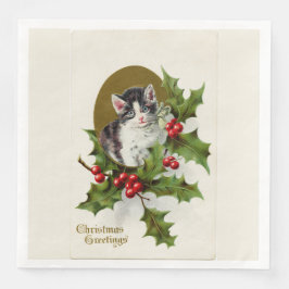 Servilleta De Papel De Cena Vintage Christmas Kitten White