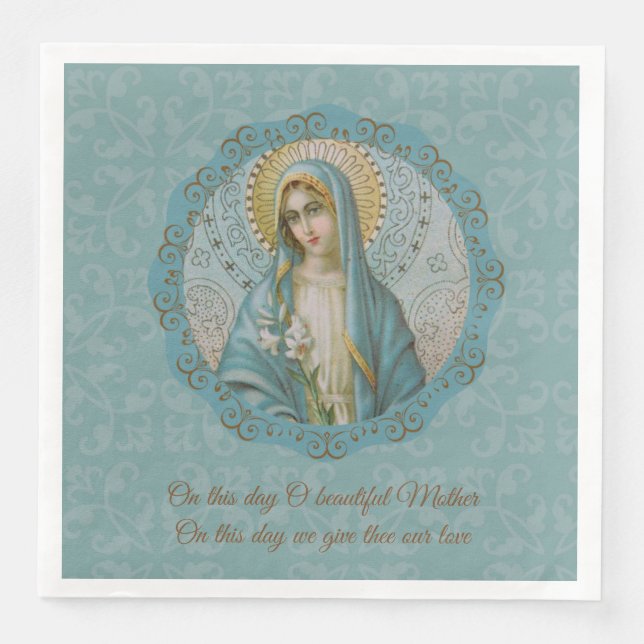 Servilleta De Papel De Cena Virgen María Lily Azul Turquesa Oro Madre (Anverso)