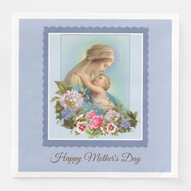 Servilleta De Papel De Cena Virgen María Niño Jesús Flores Azules Rosa Madre (Anverso)