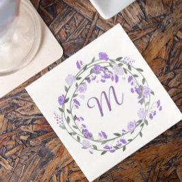 Servilleta De Papel De Cena Watercolor Púrpura Peony Monograma Wreath