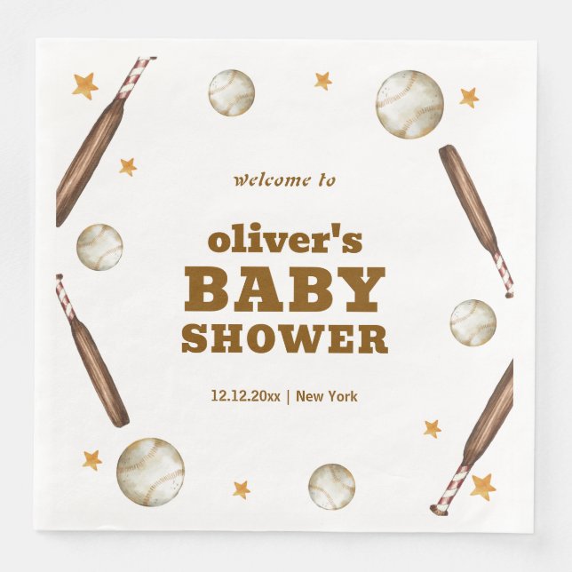 Servilleta De Papel De Cena Welcome Neutral Batter Up Baseball Baby Shower  (Anverso)