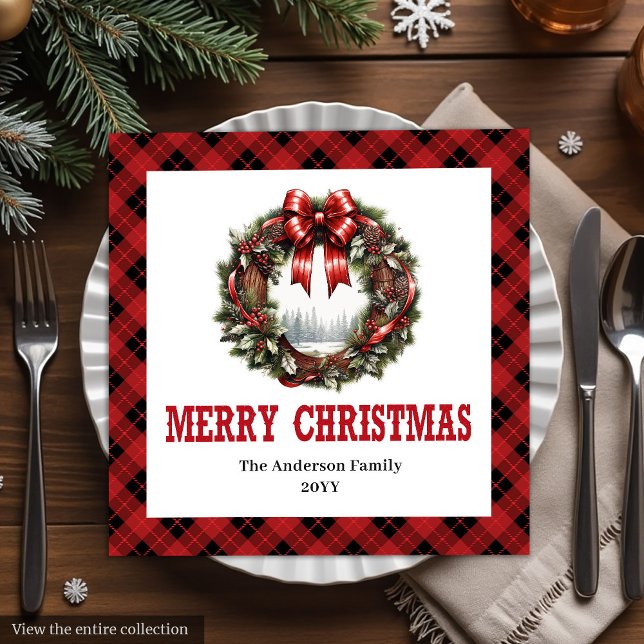 Servilleta De Papel De Cena Western Christmas wreath red black buffalo napkins (Western Christmas wreath red black buffalo napkins)