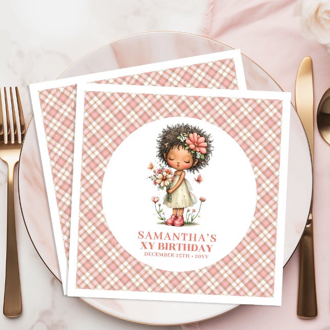 Servilleta De Papel De Cena Whimsical Black Fairy Pink Flowers 7th Birthday (Whimsical Fairy Pink Flowers 7th Birthday Party Napkins)