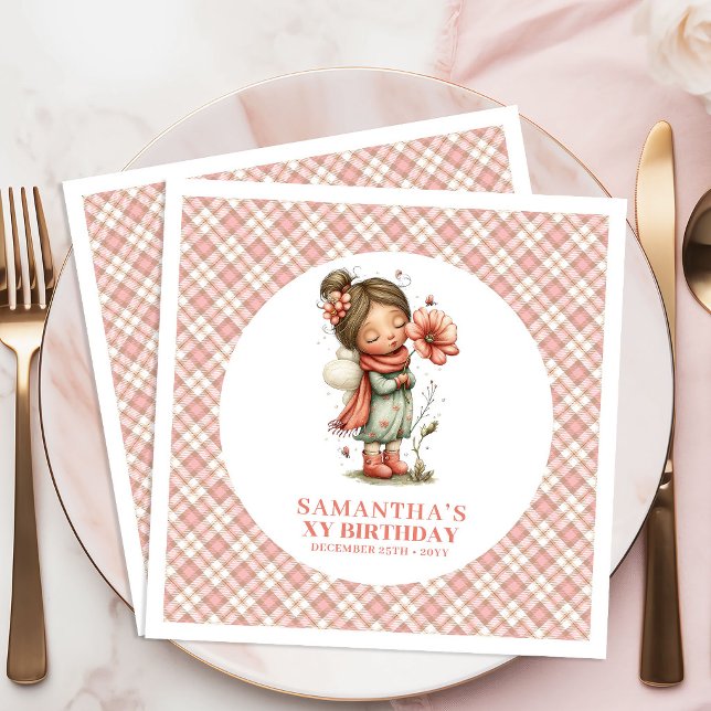 Servilleta De Papel De Cena Whimsical Pink Fairy Flowers 1st Birthday Party  (Whimsical Pink Fairy Flowers 1st Birthday Party Napkins)