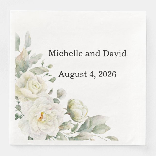 Servilleta De Papel De Cena White Roses Wedding, Reception, Dinner Napkins (Anverso)