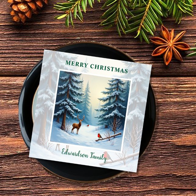 Servilleta De Papel De Cena Winter wonderland Feliz Navidad nombre de la famil (Winter wonderland Merry Christmas family name Paper Dinner Napkins. You can add your own name.)