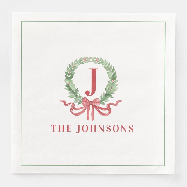 Servilleta De Papel De Cena Wreath Navidades monogramas (Anverso)